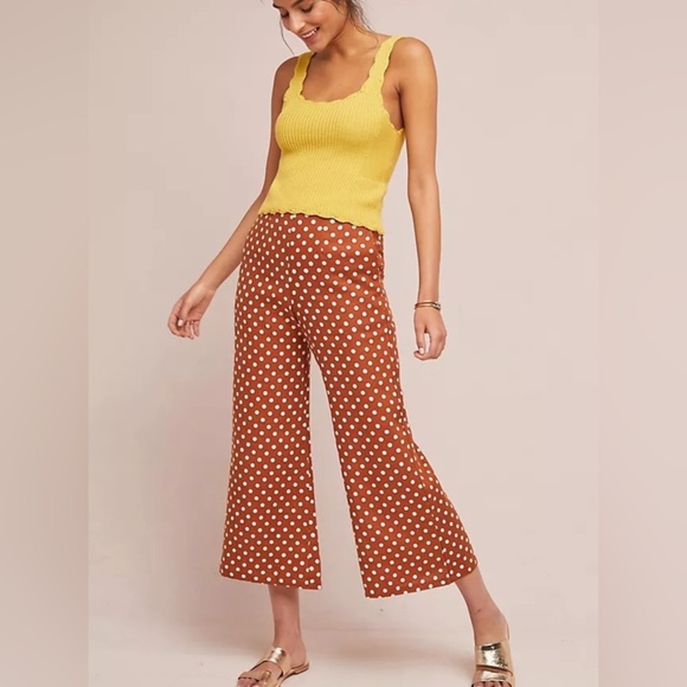 Faithfull The Brand Linen Wide Leg Pants Cinnamon Orange Polka Dot Size XSmall